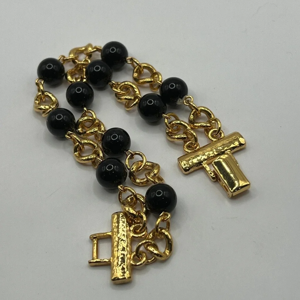 Gold Tone Chain Bracelet‎ Black Beaded Stations 7.5 inch